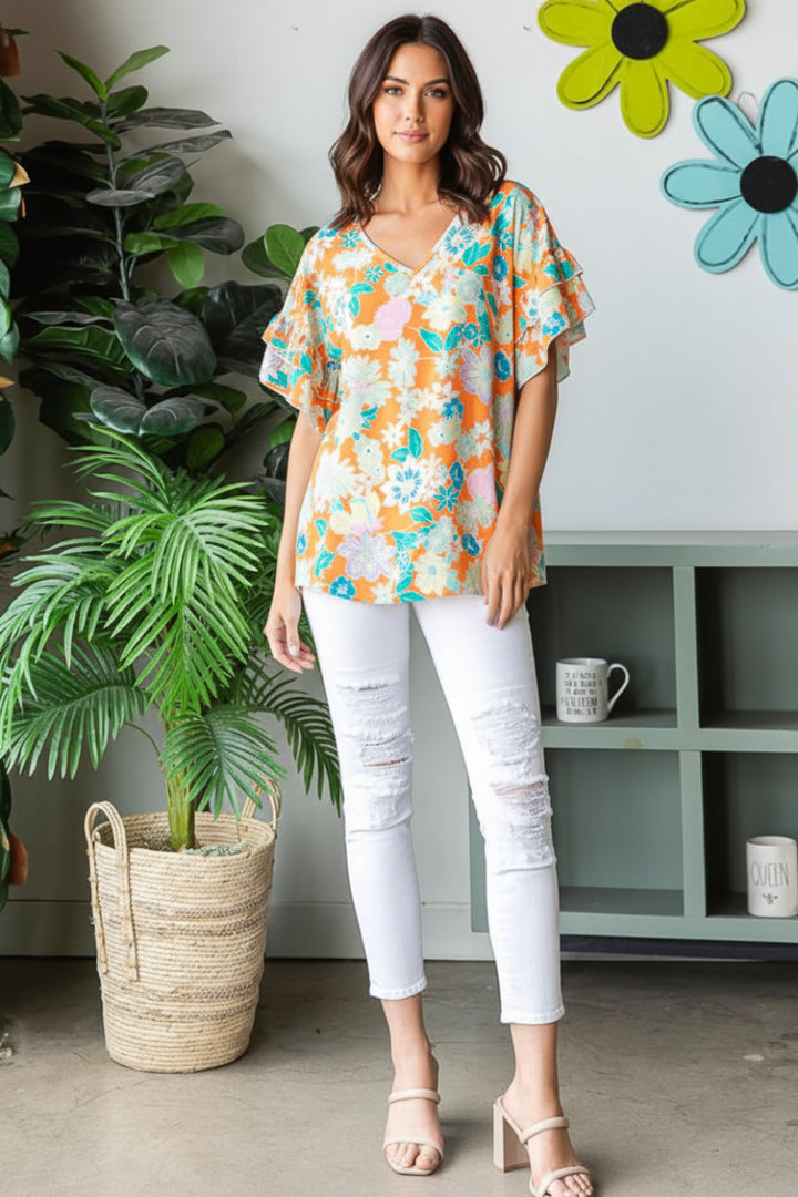 ORANGE FLORAL PRINT DOUBLE RUFFLED V-NECK TOP HMET7105-13