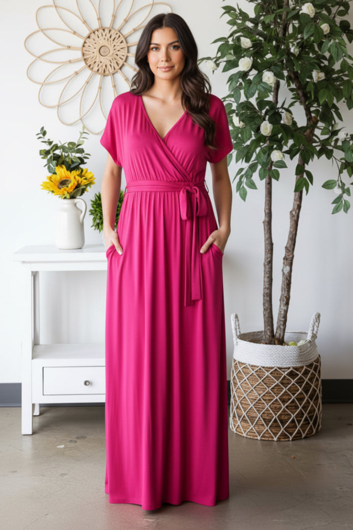 PLUS SIZE SHORT SLEEVE V NECK SOLID MAXI WRAP DRESS*