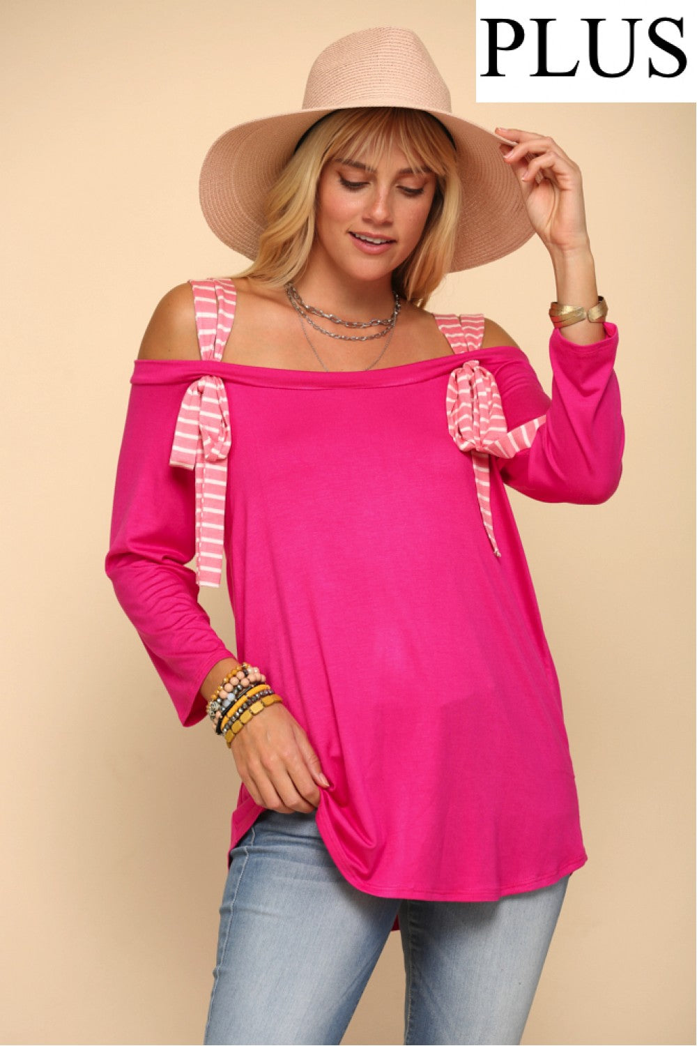 PLUS SIZE STRIPED TIE STRP OFF SHOLDER TOP-CLCT43750