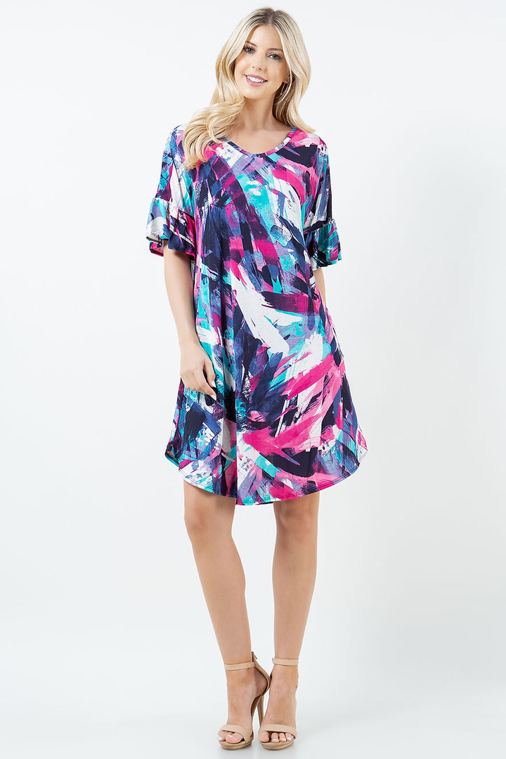 MULTICOLOR ABSTRACT SWING RUFFLED W/ POCKETS MINI DRESS-SHVC39644