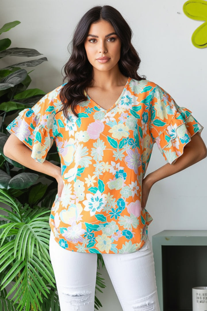 ORANGE FLORAL PRINT DOUBLE RUFFLED V-NECK TOP HMET7105-13