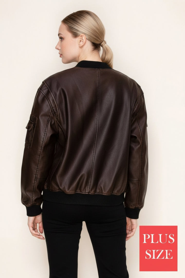 PLUS SIZE LONG SLEEVE SOLID LEATHER JACKET WITH ZIP-UP-WBT11140P