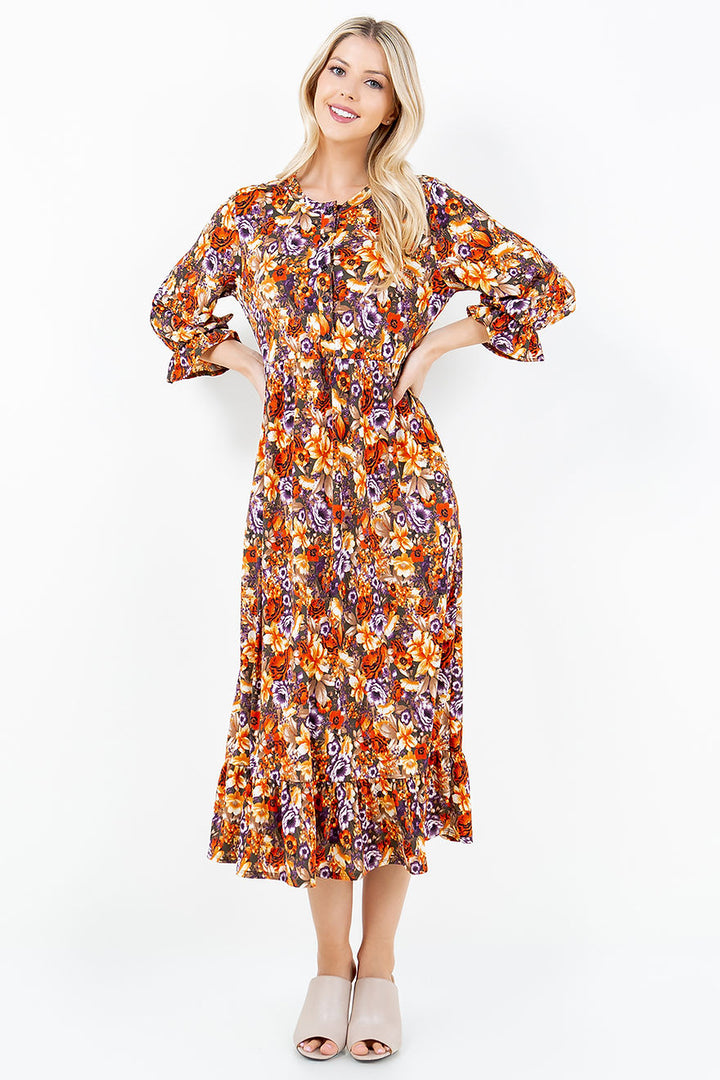 BUTTON DOWN FLARE MIDI DRESS W/ SIDE POCKTE