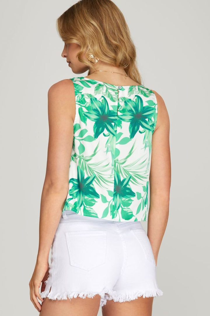 BLUE FLORAL COWL NECK SLEEVELESS SATIN TOP SKSY6746-T