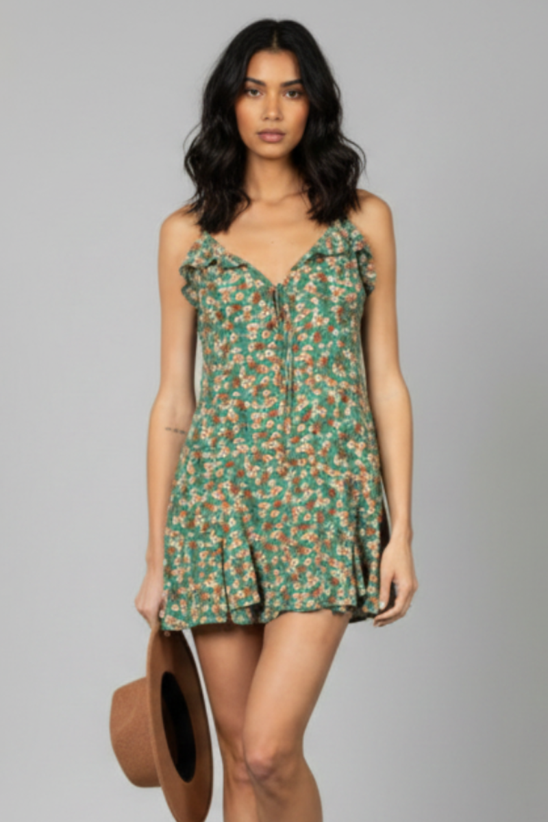 FLORAL SPAGHETTI STRAP RUFFLED MINI DRESS-HD0058-