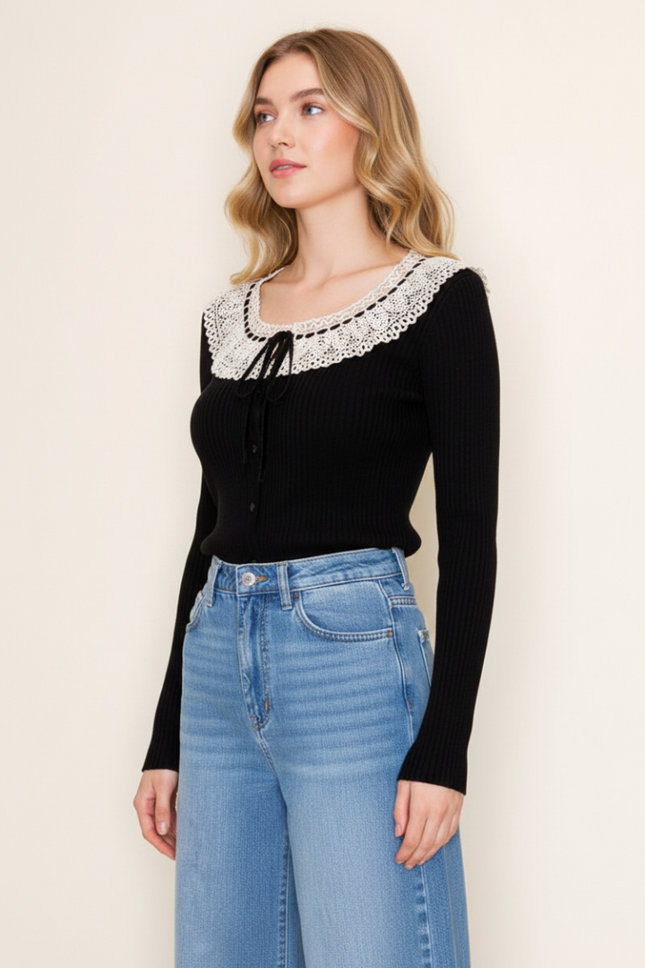 BLACK LONG SLEEVE LACE YOKE DETAIL TOP WBT10999XL