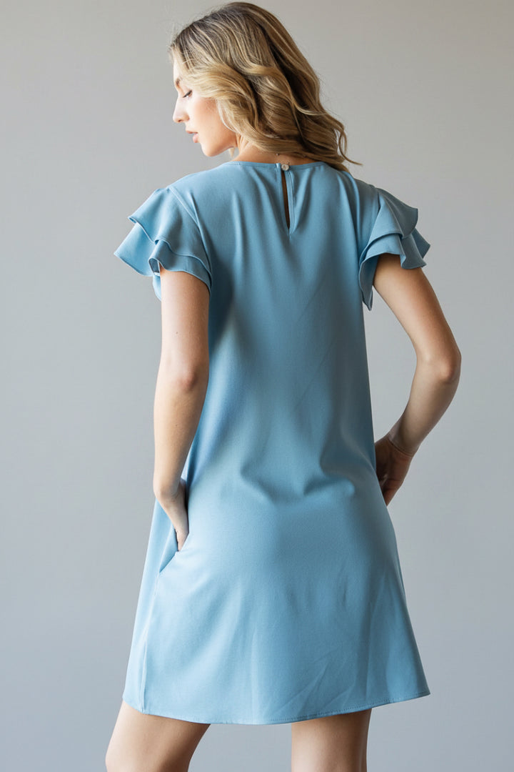 RUFFLED SHORT SLEEVE ROUND NECK SOLID MINI DRESS HMED6732-10