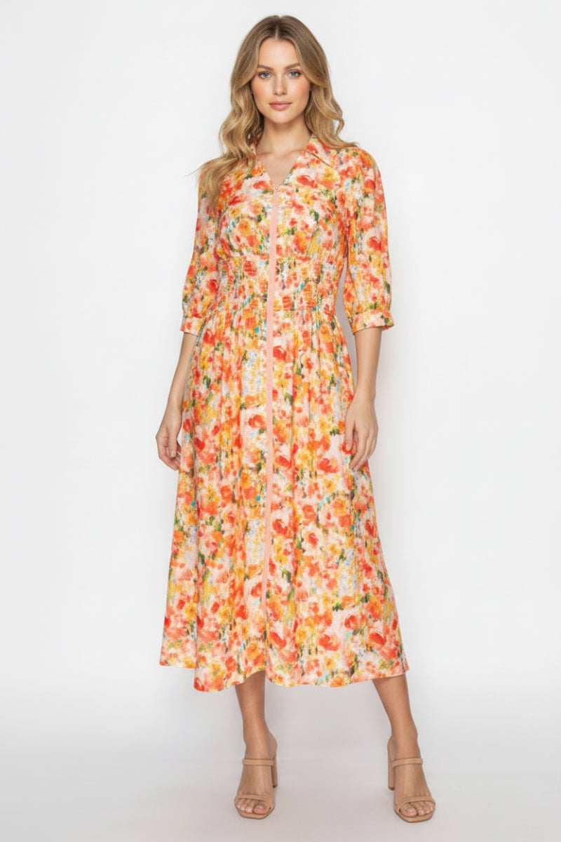 FLORAL MIDI DRESS DESIGNED WITH A COLLARED-SHD1030