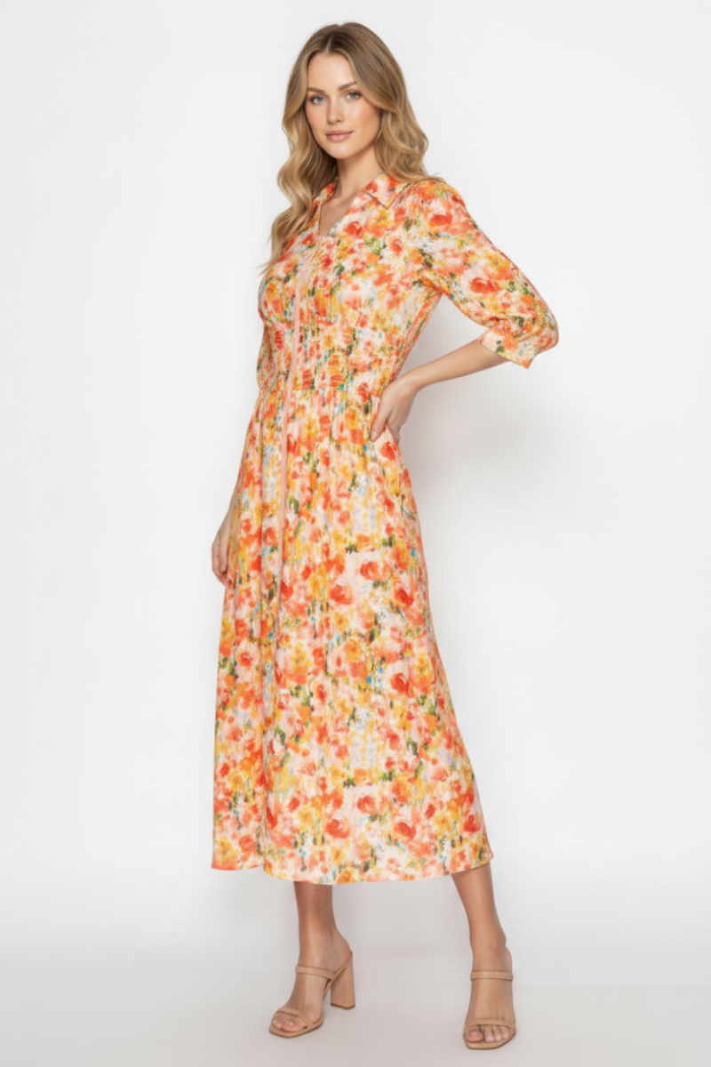 FLORAL MIDI DRESS DESIGNED WITH A COLLARED-SHD1030