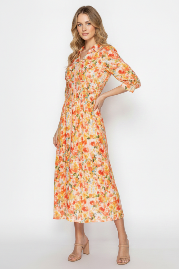 FLORAL MIDI DRESS DESIGNED WITH A COLLARED-SHD1030