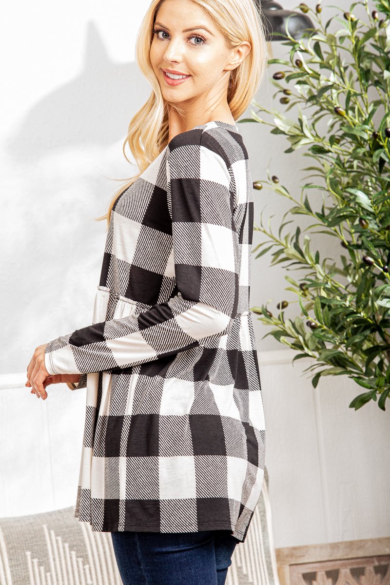 LONG SLEEVE V NECK PLAID PRINT TOP WITH RUFFLED DETAIL