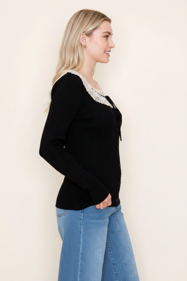 PLUS SIZE BLACK LONG SLEEVE LACE YOKE DETAIL TOP