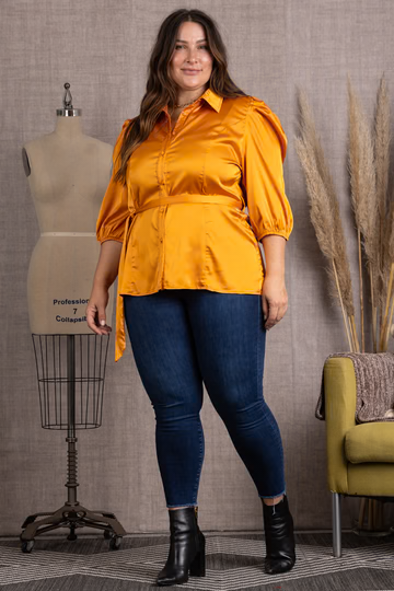 SATIN COLLARED TIE WAIST PLUS SIZE TOP