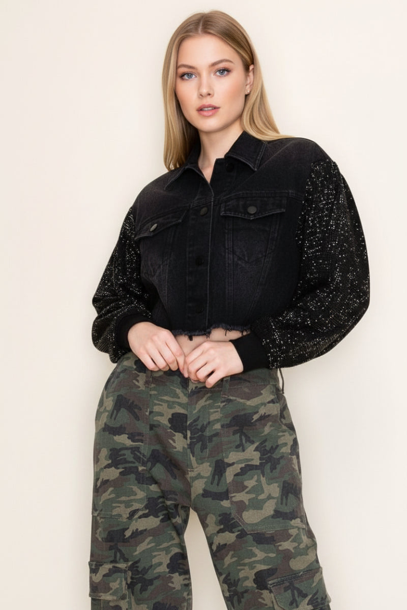 BLACK DENIM JACKET WHIT JEWEL PATTERN SLEEVE-WBT10870XL