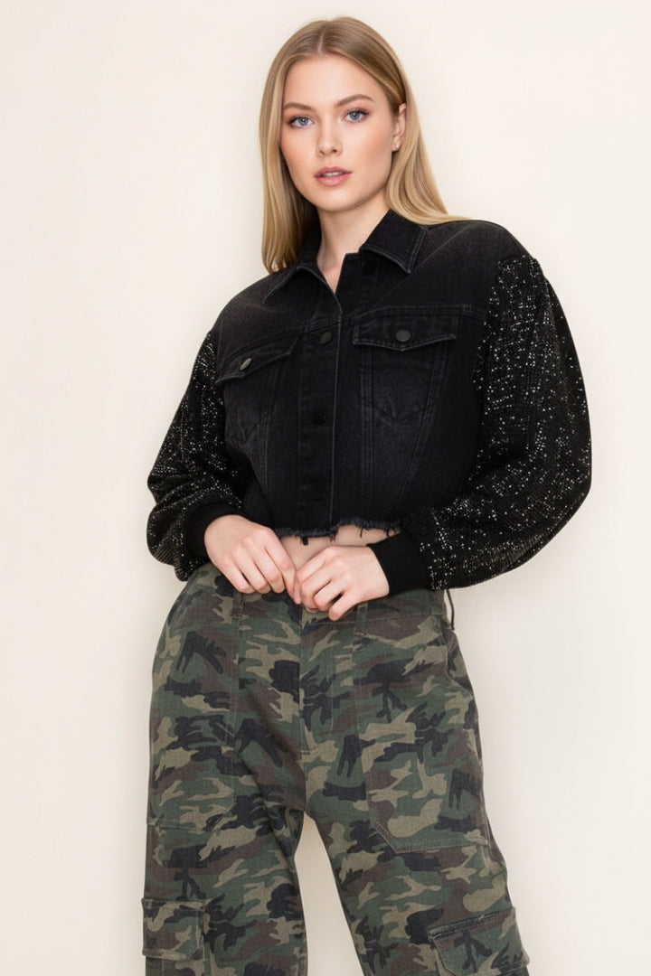 BLACK DENIM JACKET WHIT JEWEL PATTERN SLEEVE-WBT10870XL