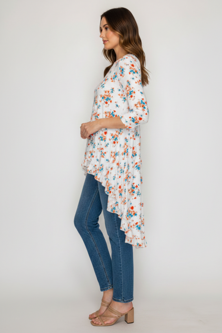 3/4 SLEEVES HIGH LOW TUNIC TOP-SHB5789-PRT