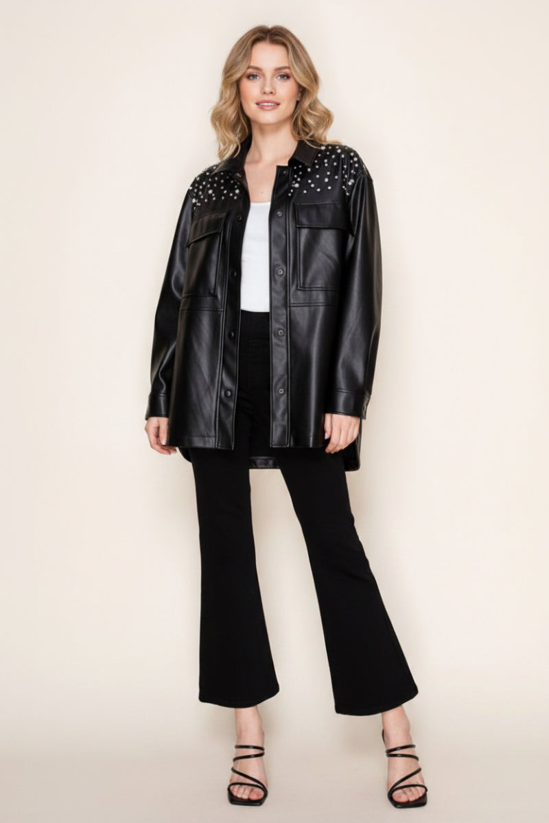 BLACK AND RHINESTONE LONG SLEEVE PU JACKET-WBT10871XL