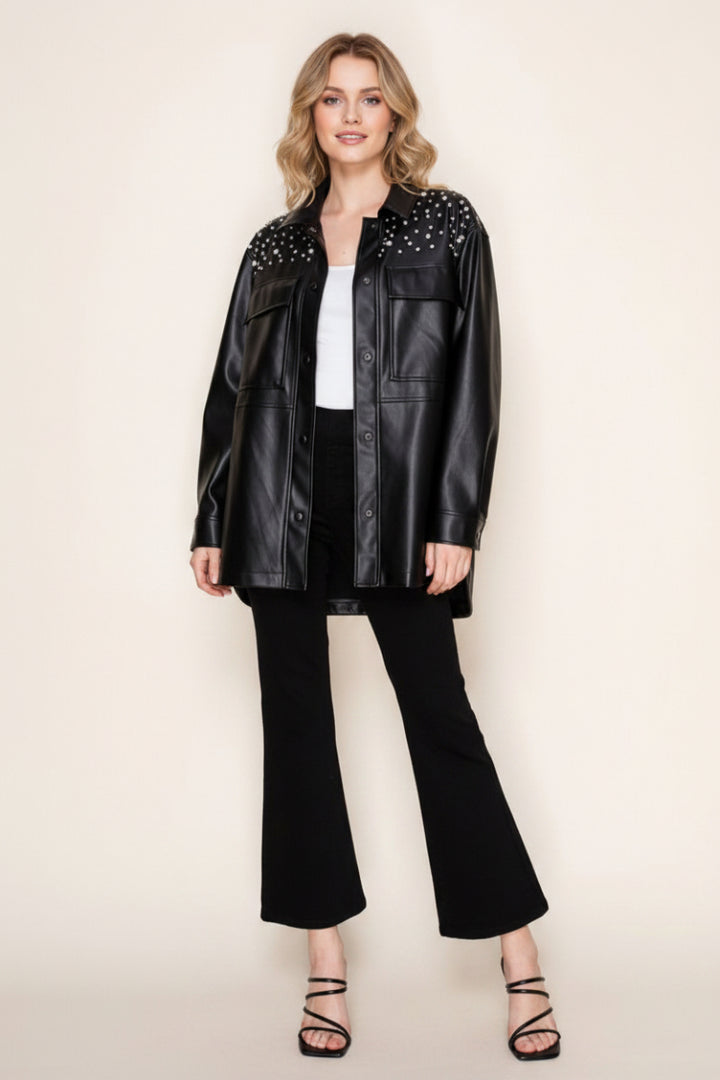 BLACK AND RHINESTONE LONG SLEEVE PU JACKET-WBT10871XL
