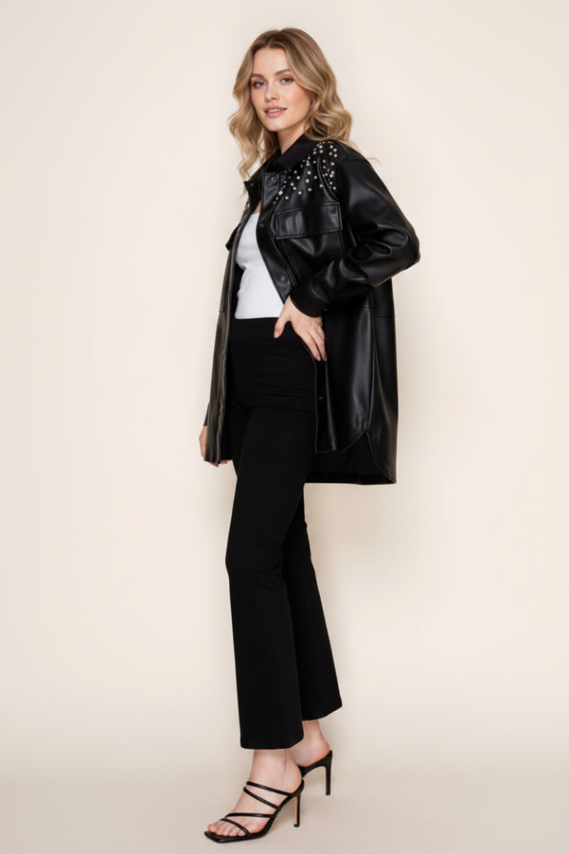 BLACK AND RHINESTONE LONG SLEEVE PU JACKET-WBT10871XL