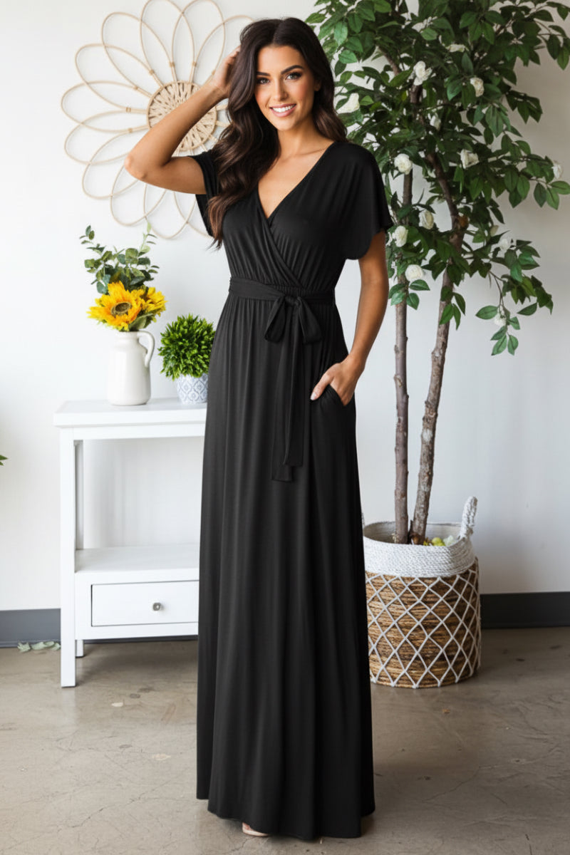 SHORT SLEEVE V NECK SOLID MAXI WRAP DRESS HMED6724S