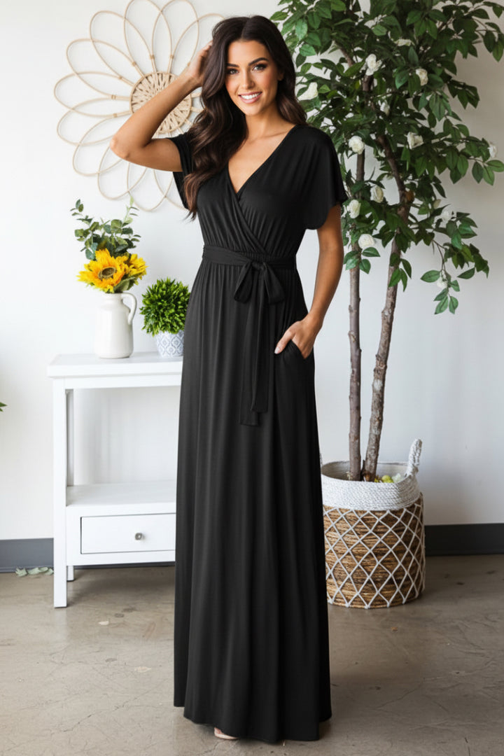 SHORT SLEEVE V NECK SOLID MAXI WRAP DRESS HMED6724S