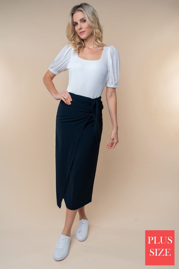 PLUS SIZE HIGE WAISTED SOLID WOVEN WRAPPED SKIRT