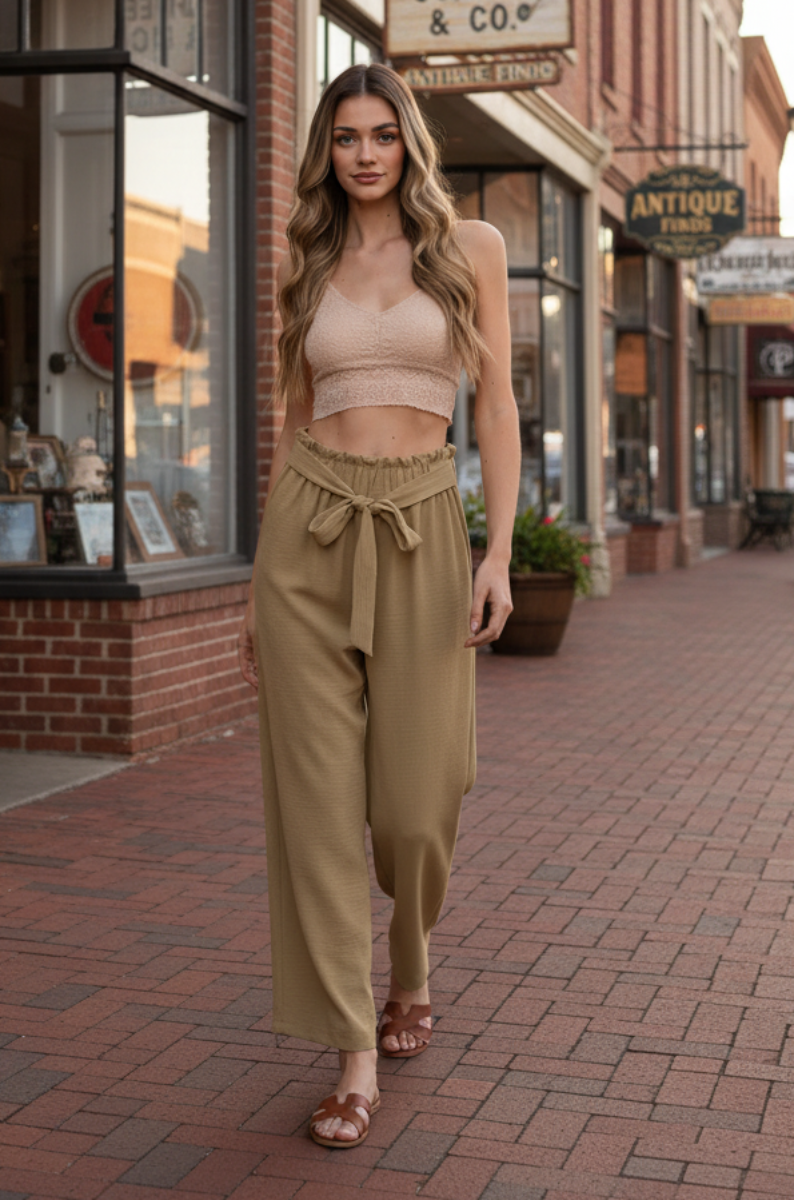 PLUS SIZE SOLID CASUAL PANTS WITH PAPERBAG WAISTBAND-HMET6700