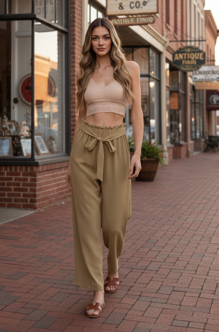 PLUS SIZE SOLID CASUAL PANTS WITH PAPERBAG WAISTBAND-HMET6700