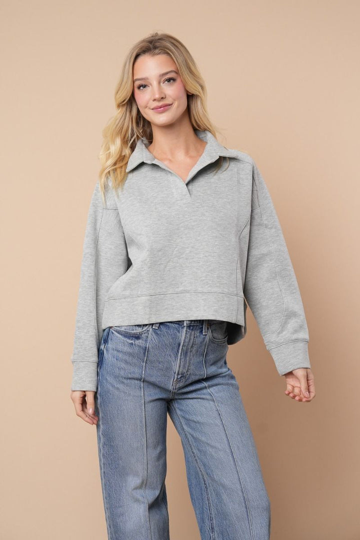 LONG SLEEVE SOLID KNIT COLLAR FEATURING TOP