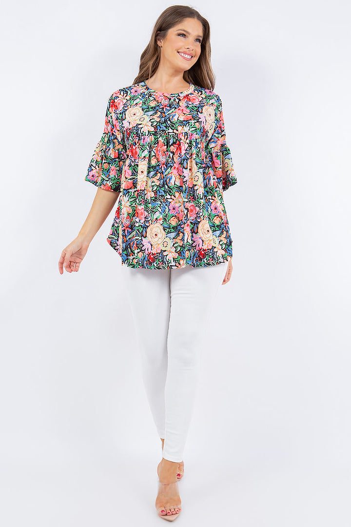 PLUS SIZE ROUND NECK BELL SLEEVE TUNIC TOP