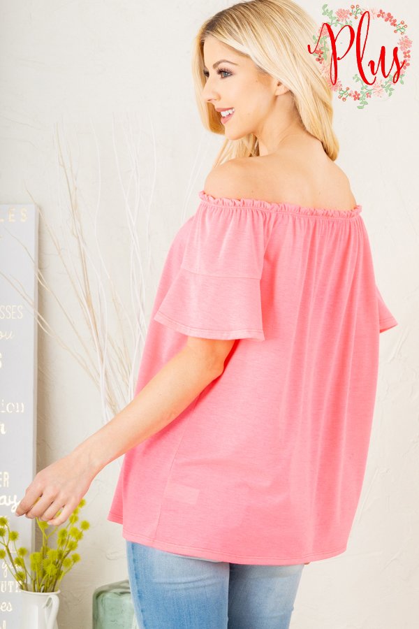 SHORT SLEEVE RUFFLED OFF SHOULDER SOLID TOP PLUS SIZE
