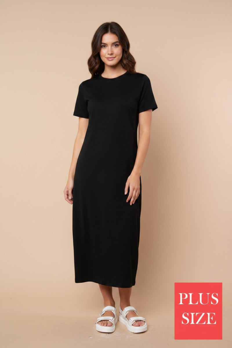 PLUS SIZE SHORT SLEEVE SOLID KNIT MIDI DRESS