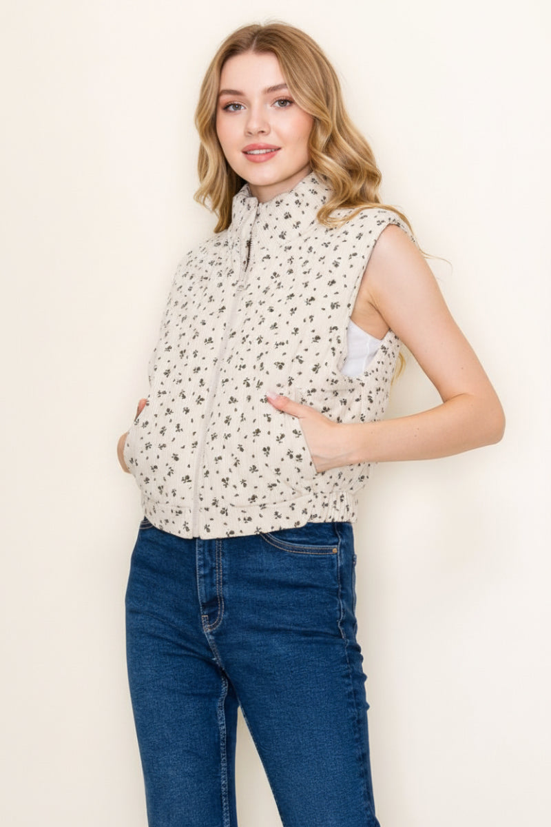 FLORAL PRINT SLEEVELESS ZIP-UP KNIT VESTWBT11021XL