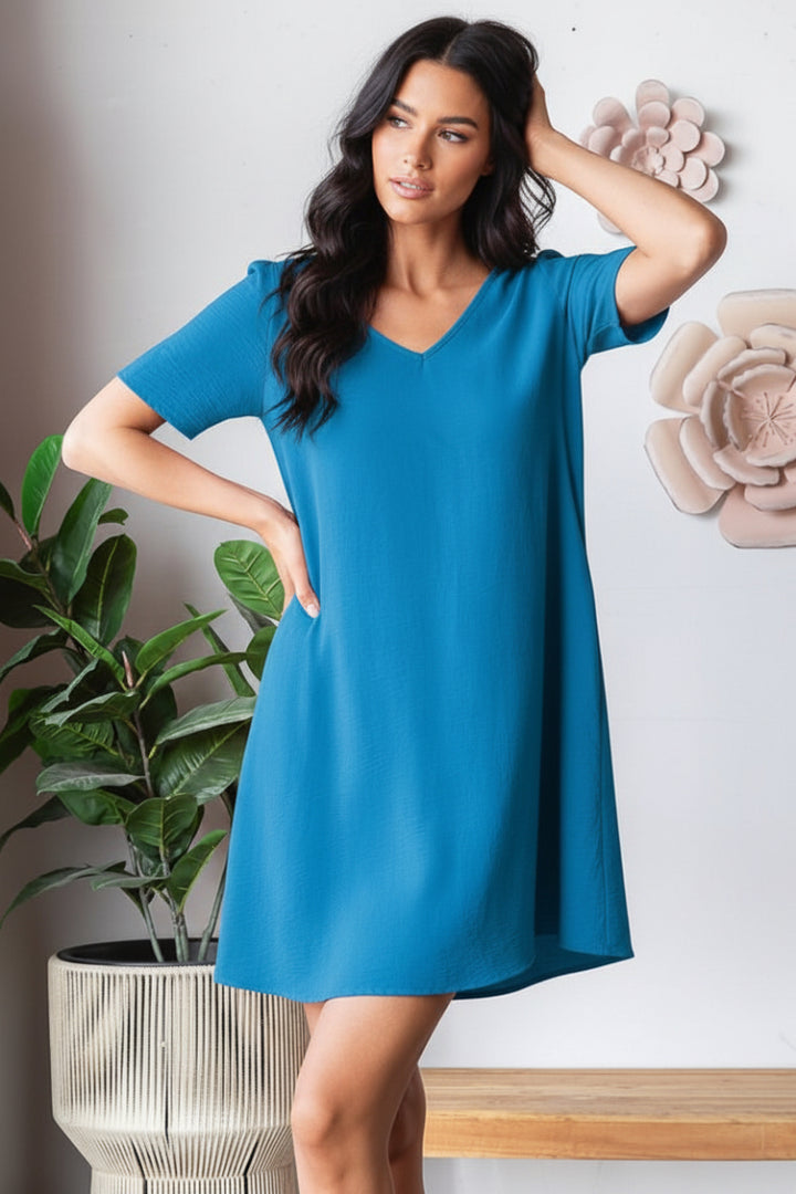SHORT SLEEVE V NECK SOLID AIRFLOW WOVEN DRESS-HMED6880