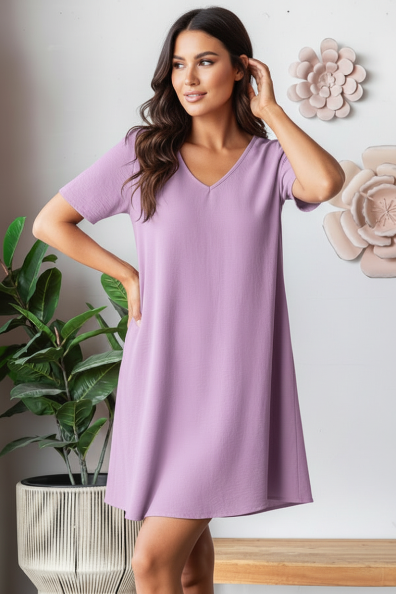 SHORT SLEEVE V NECK SOLID AIRFLOW WOVEN DRESS-HMED6880