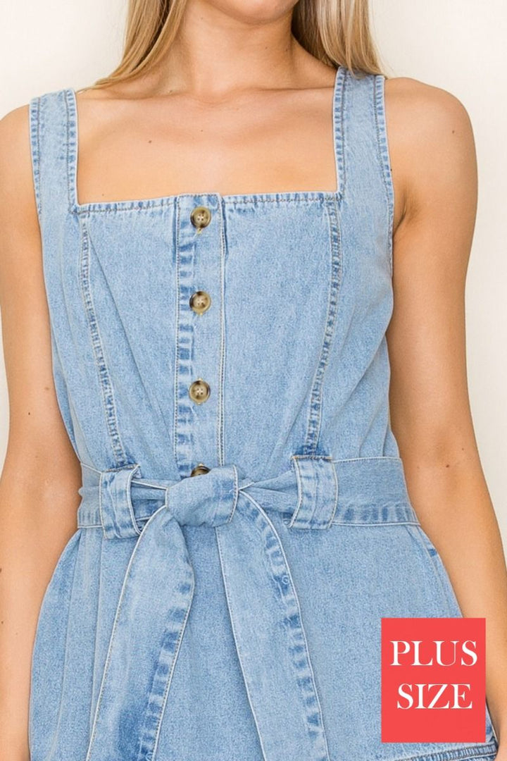 PLUS SIZE WAIST TIE SQUARE NECK DENIM MIDI DRESS-WBD90672P