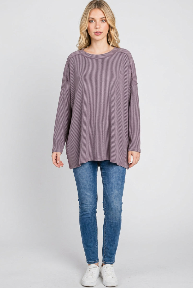 LONG SLEEVE ROUND NECK SOLID URBAN RIBBED TOP HMET7690-10