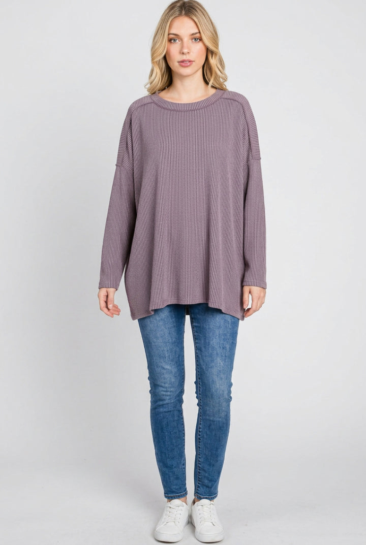 LONG SLEEVE ROUND NECK SOLID URBAN RIBBED TOP HMET7690-10