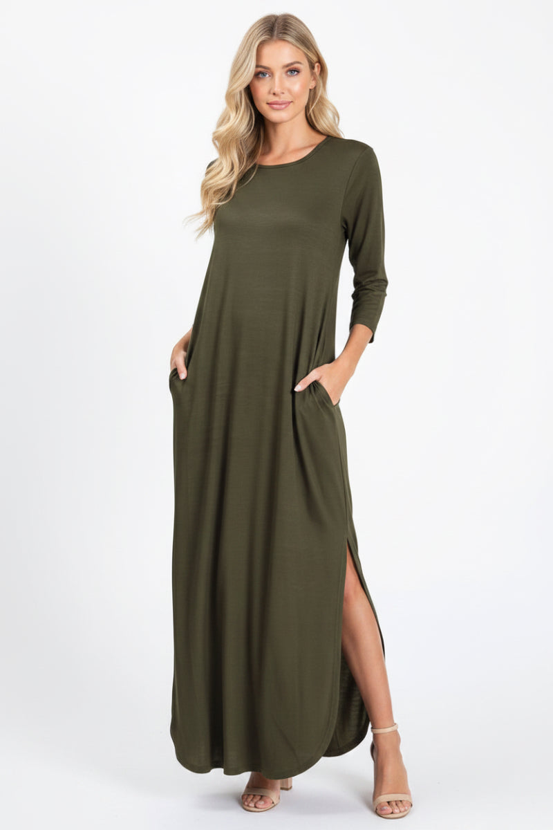 THREE QUARTER SLEEVE ROUND NECK SOLID MAXI DRESS