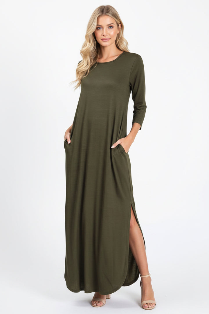THREE QUARTER SLEEVE ROUND NECK SOLID MAXI DRESS