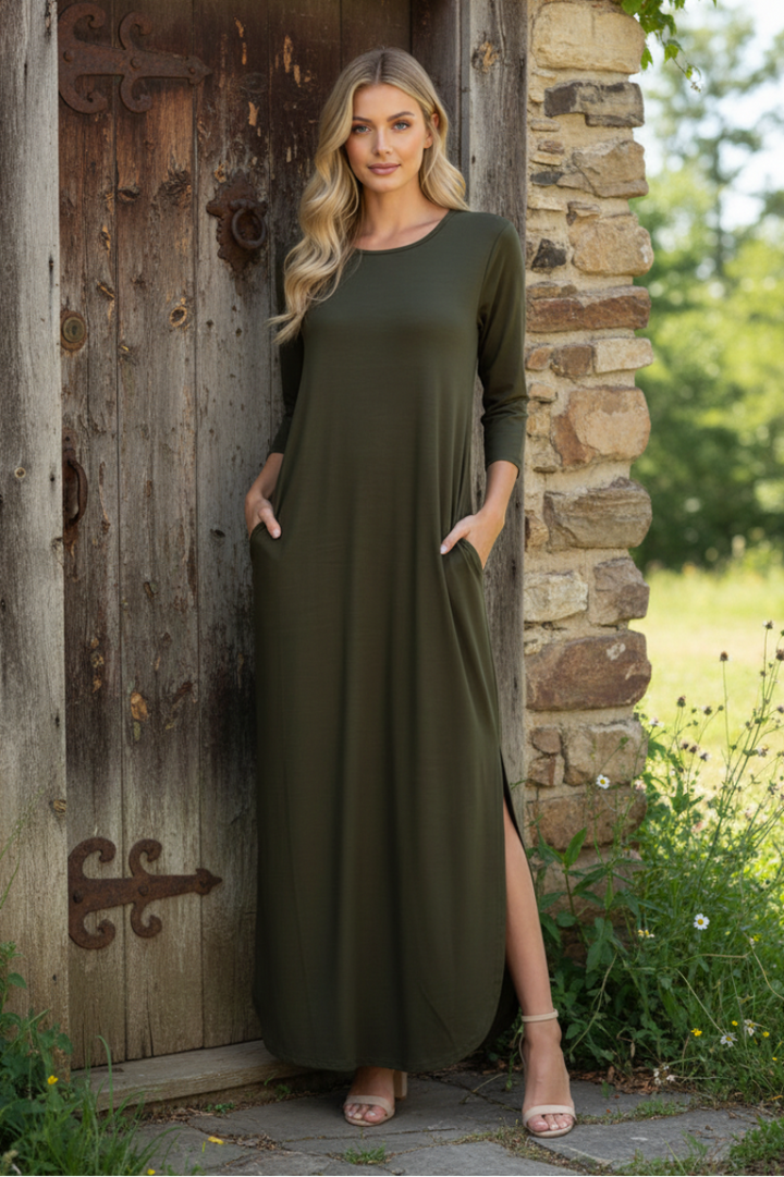 THREE QUARTER SLEEVE ROUND NECK SOLID MAXI DRESS
