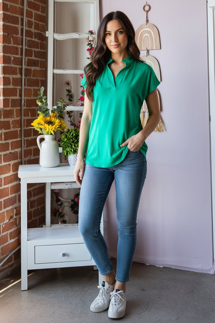 PLUS SIZE SHORT SLEEVE BASIC MANDARIN COLLAR NECK SOLID TOP-HMET7033S