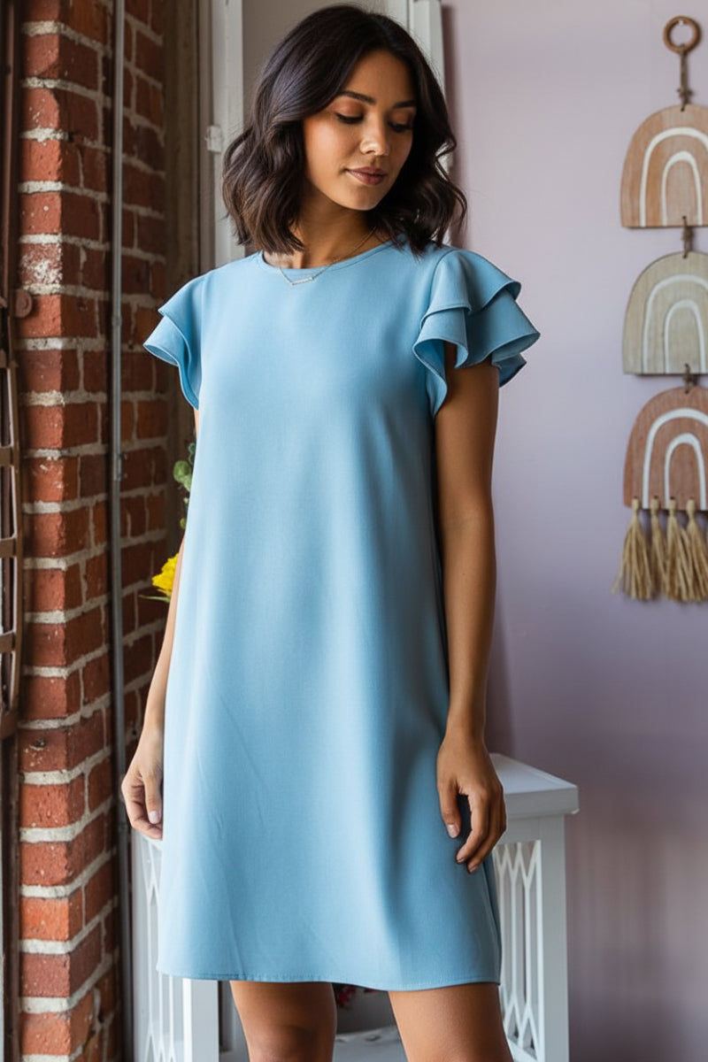 RUFFLED SHORT SLEEVE ROUND NECK SOLID MINI DRESS HMED6732-10