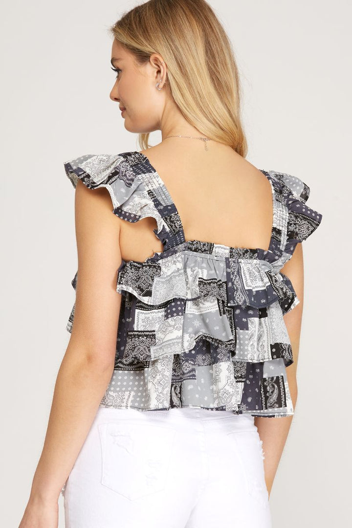 NAVY RUFFLED SLEEVES HANDKERCHIEF PRINT WOVEN TOP SKSS9905