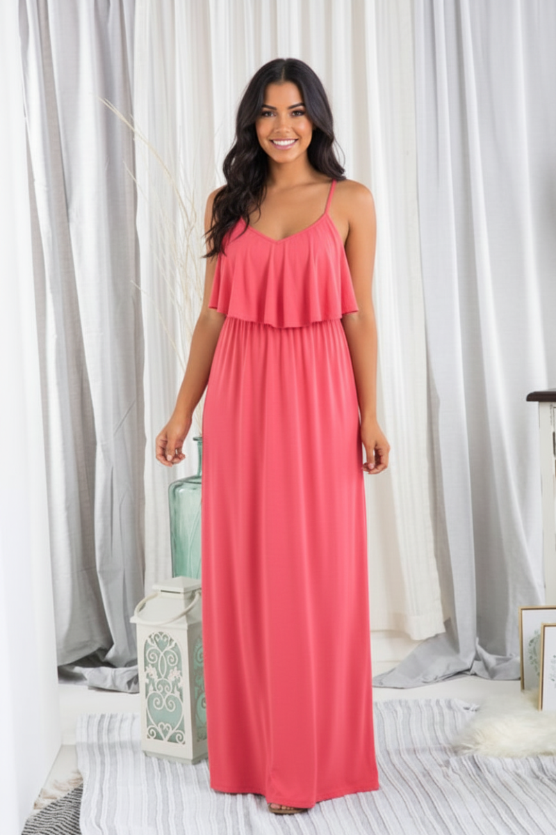 RUFFLED SLEEVELESS SOLID PLUS MAXI DRESS-HMED5008S
