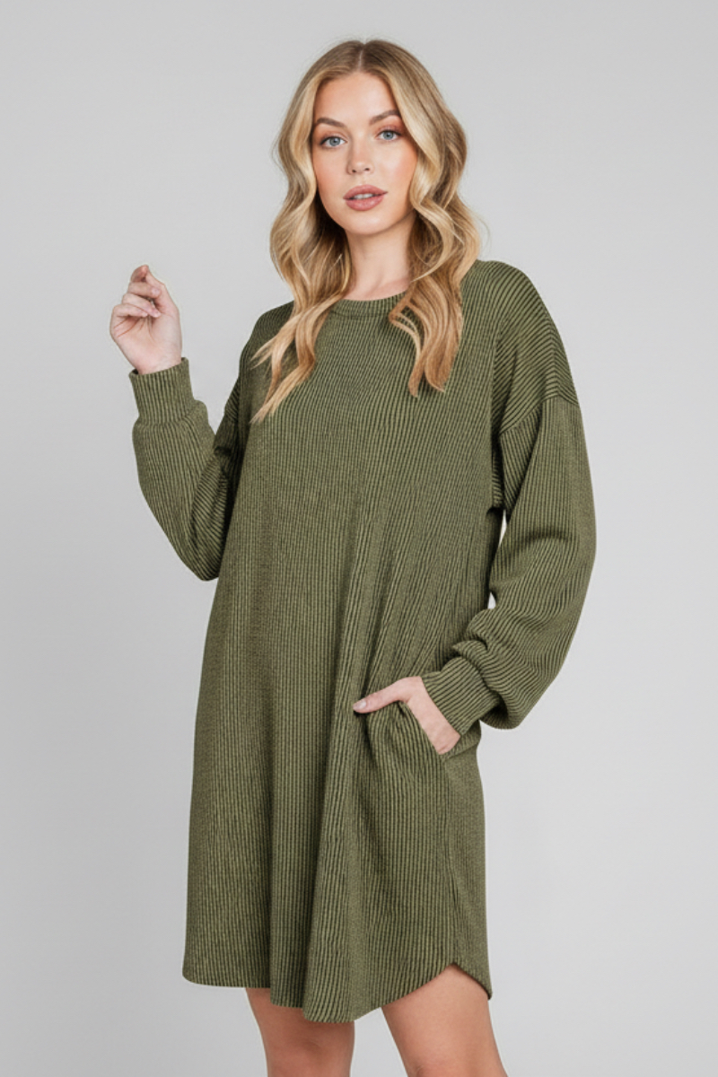 LONG PUFF SLEEVE SOLID URBAN RIBBED MINI DRESS