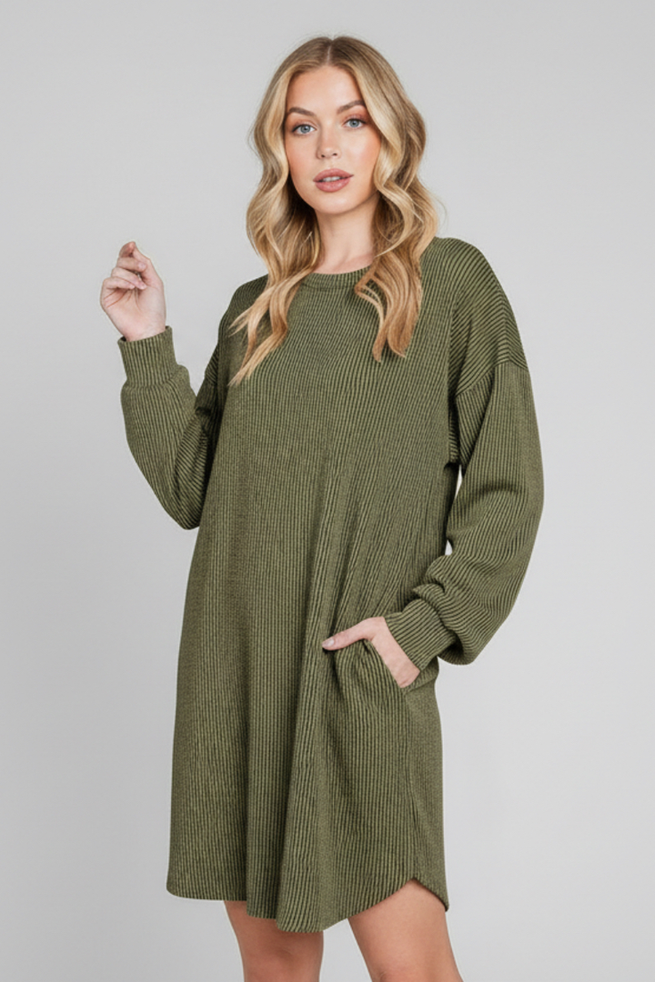 LONG PUFF SLEEVE SOLID URBAN RIBBED MINI DRESS