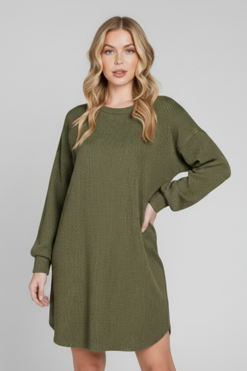 LONG PUFF SLEEVE SOLID URBAN RIBBED MINI DRESS
