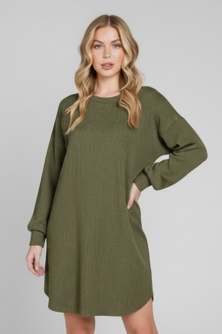 LONG PUFF SLEEVE SOLID URBAN RIBBED MINI DRESS