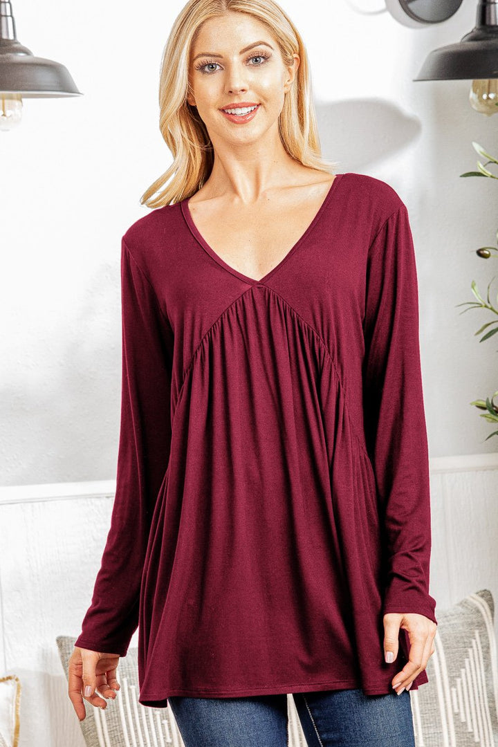LONG SLEEVE V NECK SOLID TOP WITH SHIRRING DETAIL PLUS SIZE